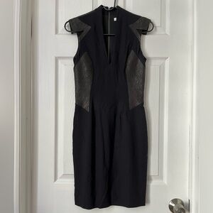 Helmut Lang Black Wool lamb Leather blistered Panel bodycon Dress size 2